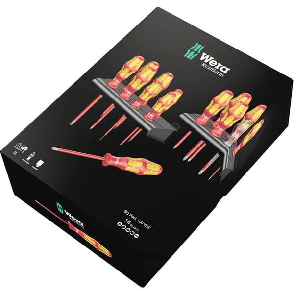 Wera Kraftform Big Pack 100 Skruvmejsel set VDE 14 delar Spår, Stjärnspår Phillips, TORX, Stjärnspår Pozidriv