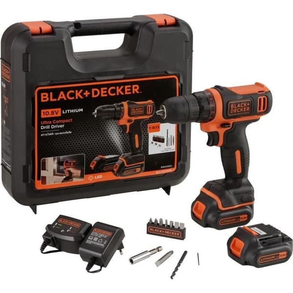 BLACK &amp; DECKER Trådlös skruvmejsel med 2 batterier och en 10,8 V-låda