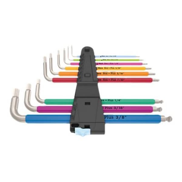 Wera 3950/9 Hex-Plus Multicolour Imperial Stainless 1 Inner-sexkantig Vinkelskruvmejselset 5/64 tum, 3/32 tum, 1/8 tum,
