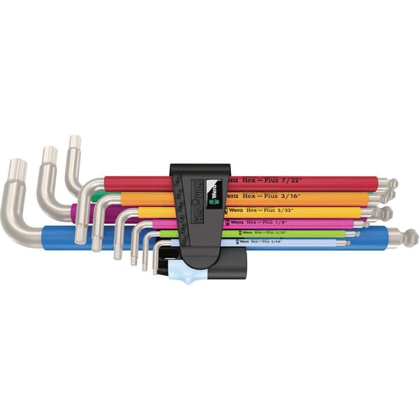 Wera 3950/9 Hex-Plus Multicolour Imperial Stainless 1 Inner-sexkantig Vinkelskruvmejselset 5/64 tum, 3/32 tum, 1/8 tum,