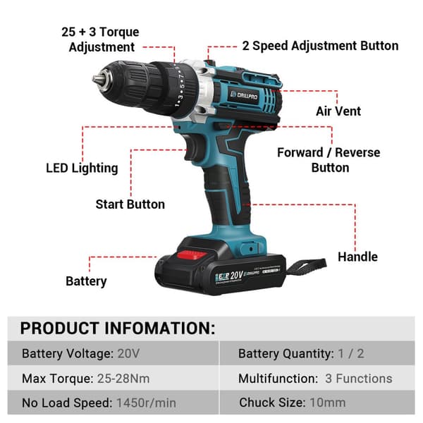 20V sladdlös skruvmejsel, sladdlös borrmaskin, sladdlös borrmaskin med 2 batterier