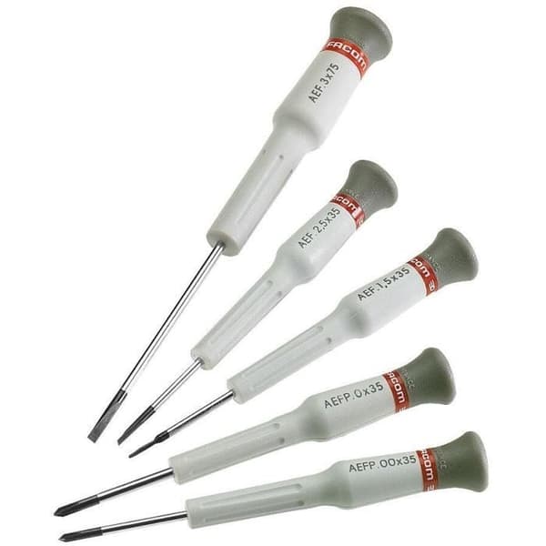Set med 5 FACOM precisionsskruvmejslar - MT.J5PG - Specialskruvmejsel - Svänghuvud - slitsad och Phillips®