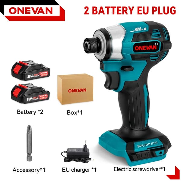 Borstlös elektrisk skruvdragare, 600N.m vridmoment, 7200 rpm hastighet,2 Batteri EU Kontakt