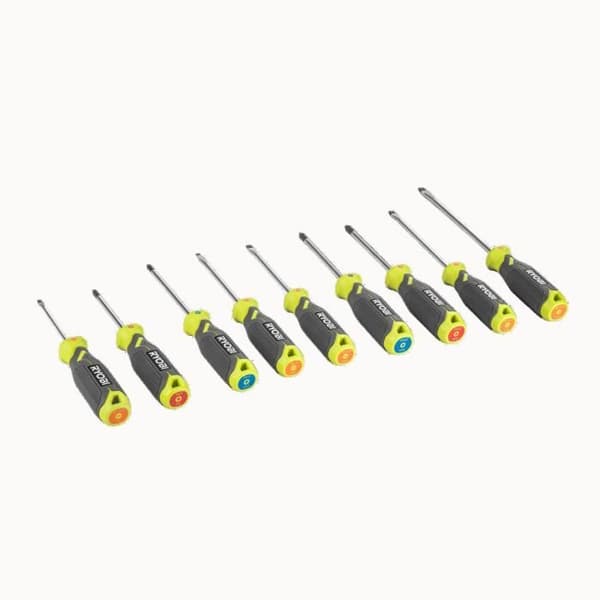 RYOBI - Set med 9 skruvmejslar med magnetblad SL3, SL4, SL5.5 x 2, SL6.6, PH1, PH2, PZ1, PZ2 - RHSDS9PC