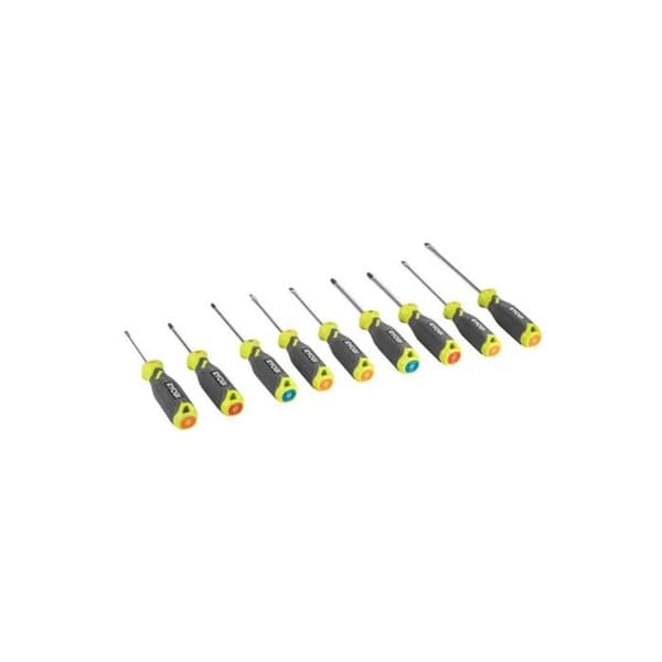 RYOBI - Set med 9 skruvmejslar med magnetblad SL3, SL4, SL5.5 x 2, SL6.6, PH1, PH2, PZ1, PZ2 - RHSDS9PC