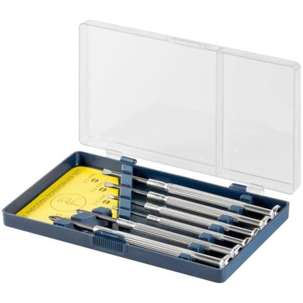 Set med 6 FIXPOINT-precisionsskruvmejslar - Drivruta 1,4/2,0/2,4/3,0 mm, korsskruvmejsel 0/1 mm