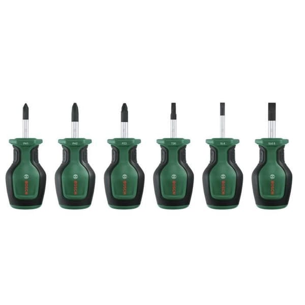 Bosch Set med 6 korta skruvmejslar (för trånga utrymmen PH/PZ/TX/Flat S2 magnetisk spets av stål med högt vridmoment)