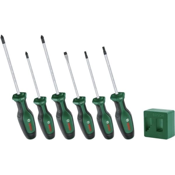 Bosch - Set med 6 premiumskruvmejslar med magnetiserare (6 skruvmejslar i extra hård S2-stål; magnetiserare/demagnetiserare)