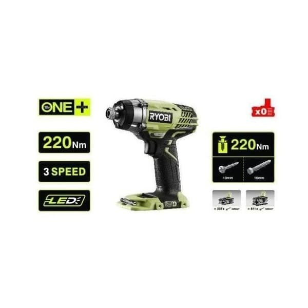 RYOBI - 18V ONE+ slagskruvmejsel - 3 lägen: 40/120/220 Nm - 1/4" sexkantsdrift - R18ID3-0