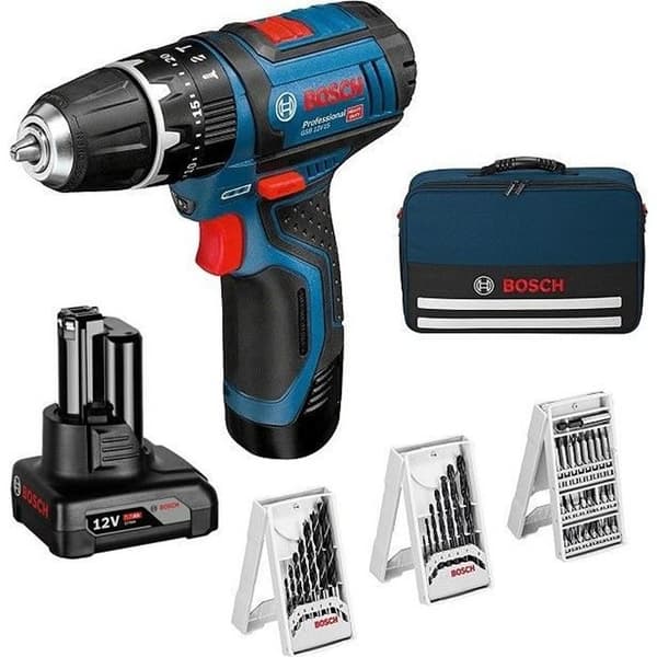 Bosch Professional GSB 12V-15 slagboremaskine/-skruemaskine, 2 x 2Ah og 4Ah batterier, 1 oplader og tilbehørssæt - 06019B690G