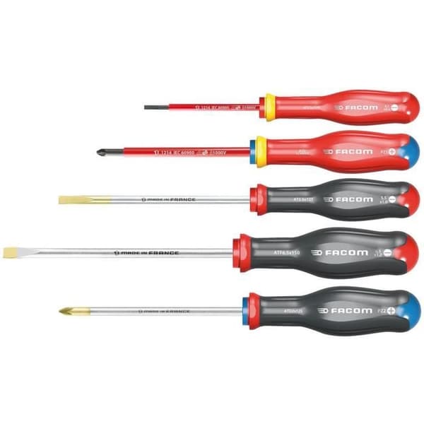 Set med 5 FACOM Protwist-skruvmejslar - AT.J5VEPB (inklusive 2 1000V isolerade skruvmejslar med spår och Prozidriv-spetsar)