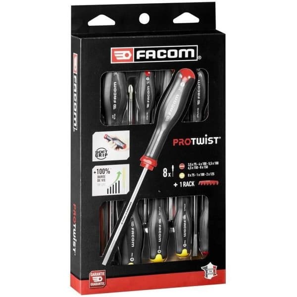 Set med 8 FACOM Protwist-skruvmejslar - AT.8PB - Spår/Prozidriv/Phillips - Grå
