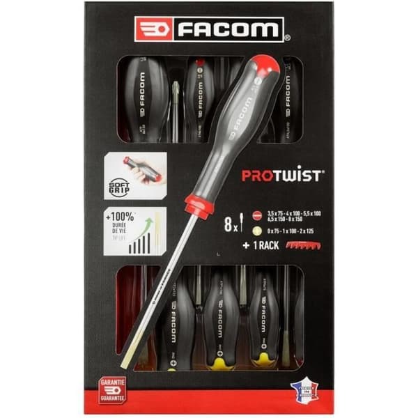Set med 8 FACOM Protwist-skruvmejslar - AT.8PB - Spår/Prozidriv/Phillips - Grå