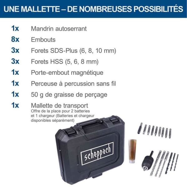 Akkuporakone C-RHD130-X - 1,3 J 6000 iskua/min + poranterät, tarvikkeet, laukku - SCHEPPACH 20V IXES - ilman akkua tai laturia