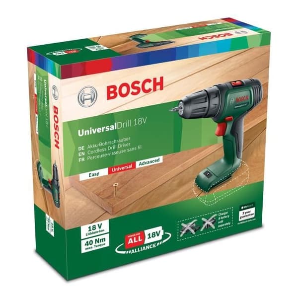 Bosch UniversalDrill 18V akkuporakone/ruuvinväännin (työkalu toimitetaan erikseen laatikossa) - PowerForAll