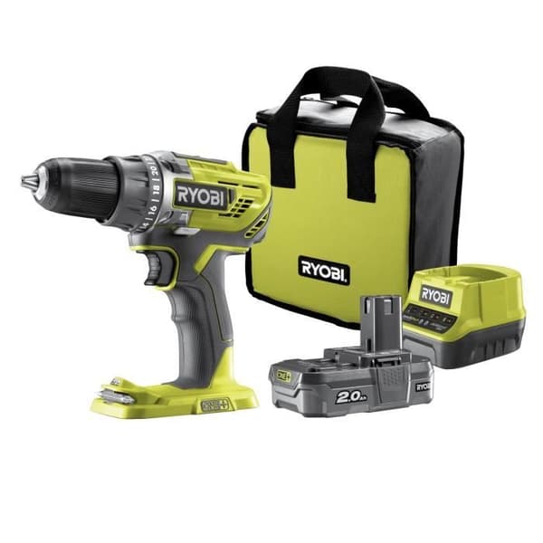 RYOBI - 18V ONE+ Boremaskine - 50 Nm - 500-1800 o/min - 13 mm borepatron + 1 x 2 Ah batteri, oplader og taske - R18DD3-120S
