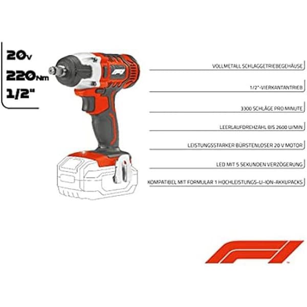 Schlagschrauber - FORMULA 1 - 20V - 220Nm - 1/2'' - 2600 rpm - Transportväska