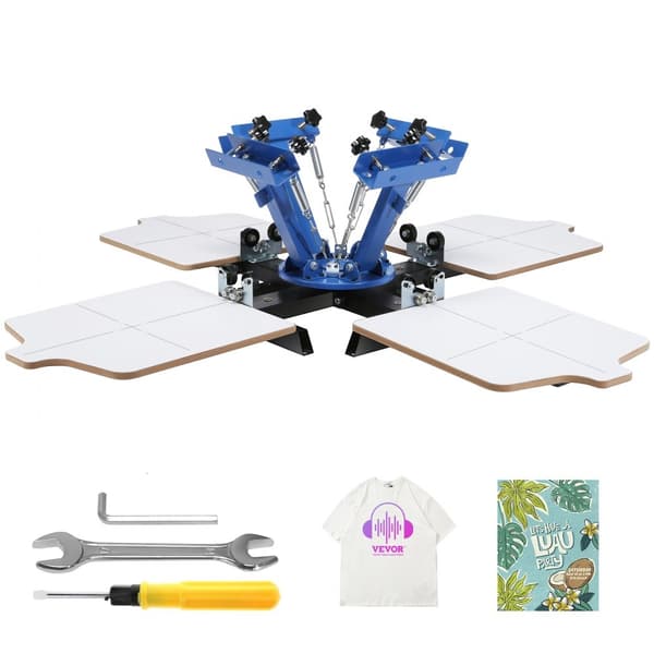 4-färgs 4-stations 54 x 45 cm screentryckmaskin för hem och kommersiell användning, 360° rotation, exakt positionering