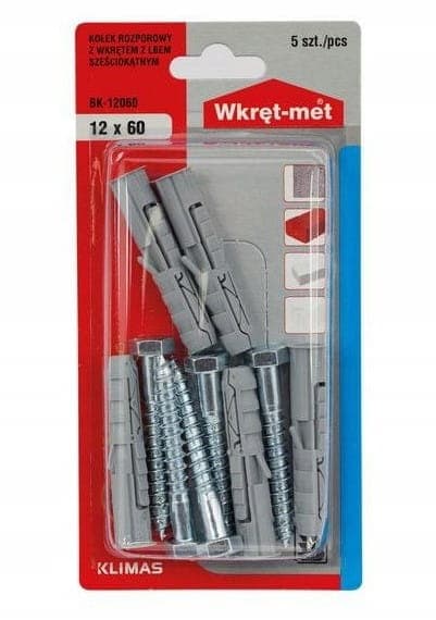 Ekspansionsdyvler 12x60mm med sekskantskruer 5 stk.