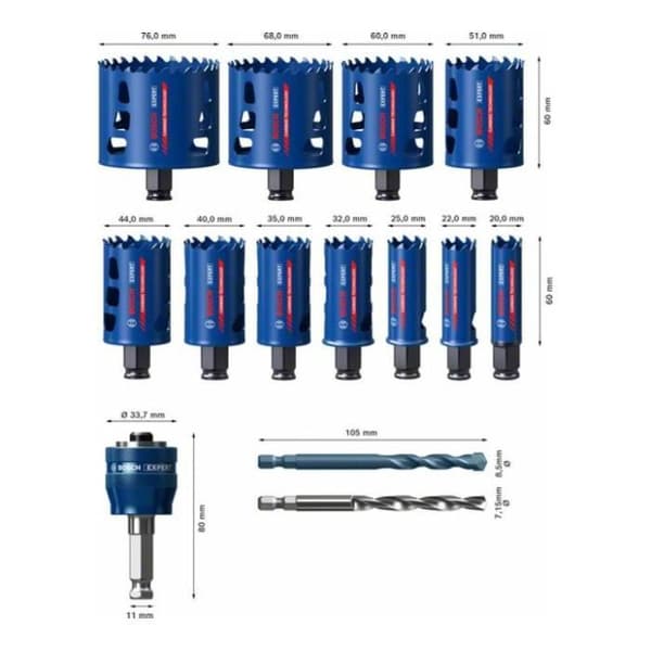 Låda med 11 Expert Tough Material hålsågar med en diameter på 20/22/25/32/35/40/44/51/60/68/76 - BOSCH EXPERT - 2608900448