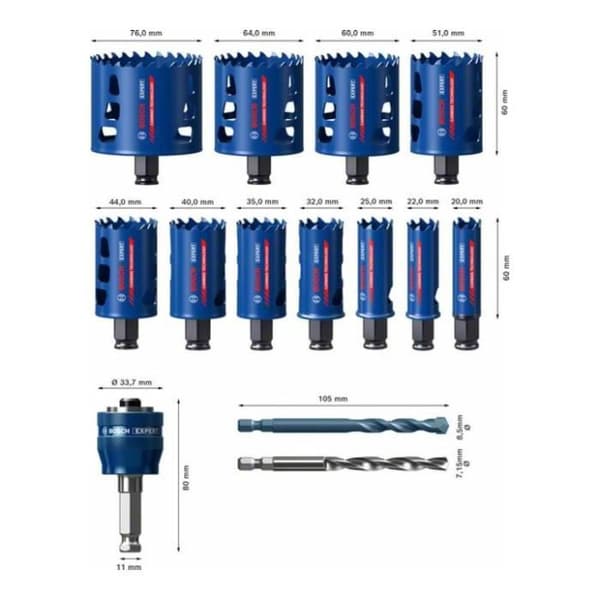 Låda med 11 Expert Tough Material hålsågar med diameter 20/22/25/32/35/40/44/51/60/64/76 - BOSCH EXPERT - 2608900447