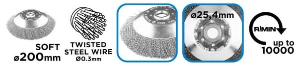Trådborste för röjskärare 200 x 25,4 mm, mjuka, vågiga trådar