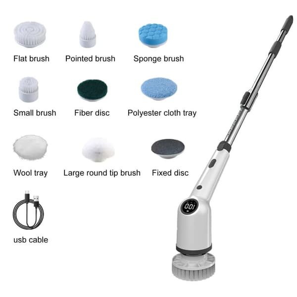 Elektrisk Spin Scrubber, 9 Utbytbara Borsthuvuden, Justerbar Längd,svart