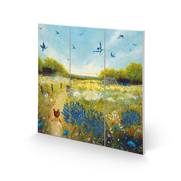 Julia Crossland Summer Meadow Square Wood Plaque Green/Blue 30cm x 30cm
