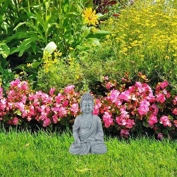 Relaxdays Buddha-statyn sittande, 30 cm, dekorativ figur, polyresin, väderbeständig och frostsäker, ljusgrå