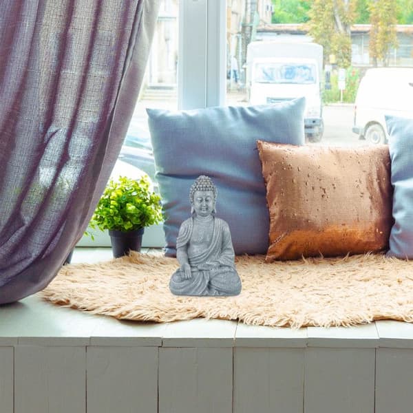 Relaxdays Buddha-statyn sittande, 30 cm, dekorativ figur, polyresin, väderbeständig och frostsäker, ljusgrå