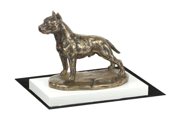 Amerikkalainen staffordshiren terrieri, Amstaff, Amstaf - koirapatsas, hahmo valkoisella pohjalla, palkinto koiranäyttelyyn Art-Dog