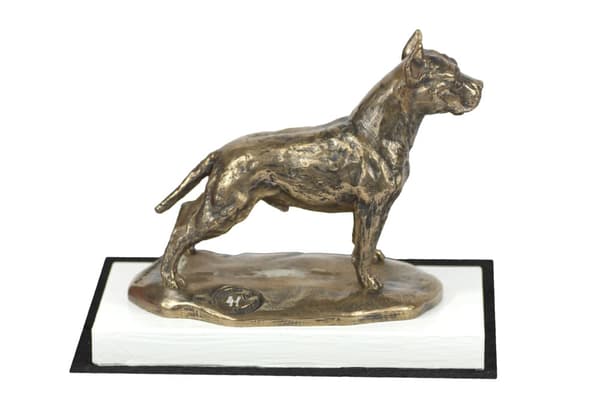 Amerikkalainen staffordshiren terrieri, Amstaff, Amstaf - koirapatsas, hahmo valkoisella pohjalla, palkinto koiranäyttelyyn Art-Dog
