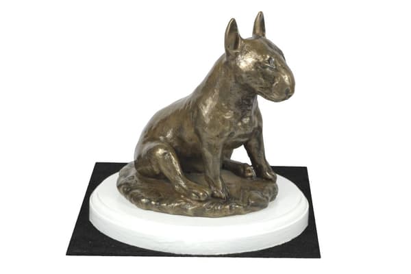 Bull terrier, Bull Terrier III - hundestatuette, figur på hvid base, trofæ til hundeudstilling af Art-Dog