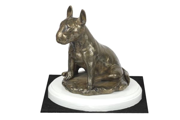 Bull terrier, Bull Terrier III - hundestatuette, figur på hvid base, trofæ til hundeudstilling af Art-Dog