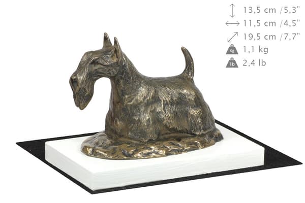 Skotsk terrier, Aberdeen Terrier - hundestatuette, figur på hvid base, trofæ til hundeudstilling af Art-Dog