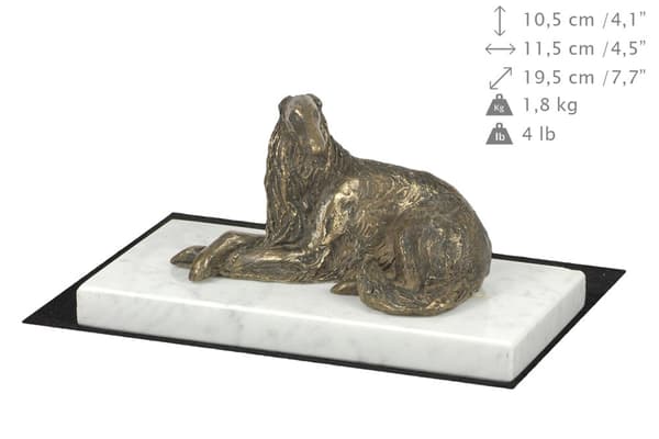 Venäjän borzoivinttikoira, Borzoi, Barzoi I - koirapatsas, hahmo valkoisella marmorilla, palkinto koiranäyttelyyn Art-Dog
