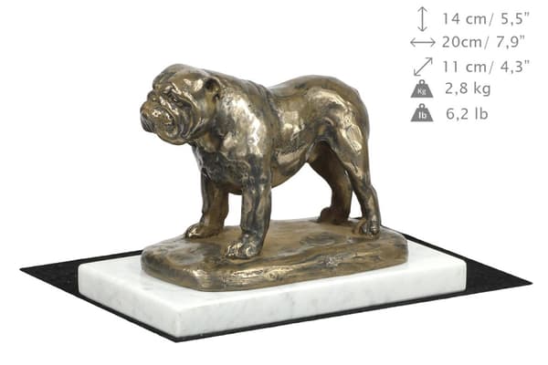 Engelsk bulldog, Bulldog - hundestatuette, figur på hvid marmor, trofæ til en hundeudstilling af Art-Dog