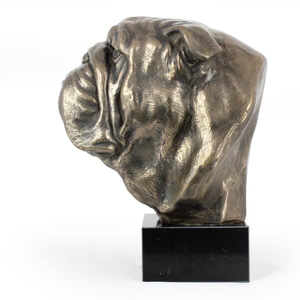 Engelsk Bulldog, Bulldog - hundebuste, stor statuette, hundehoved på stenbund, kontordekoration af Art-Dog