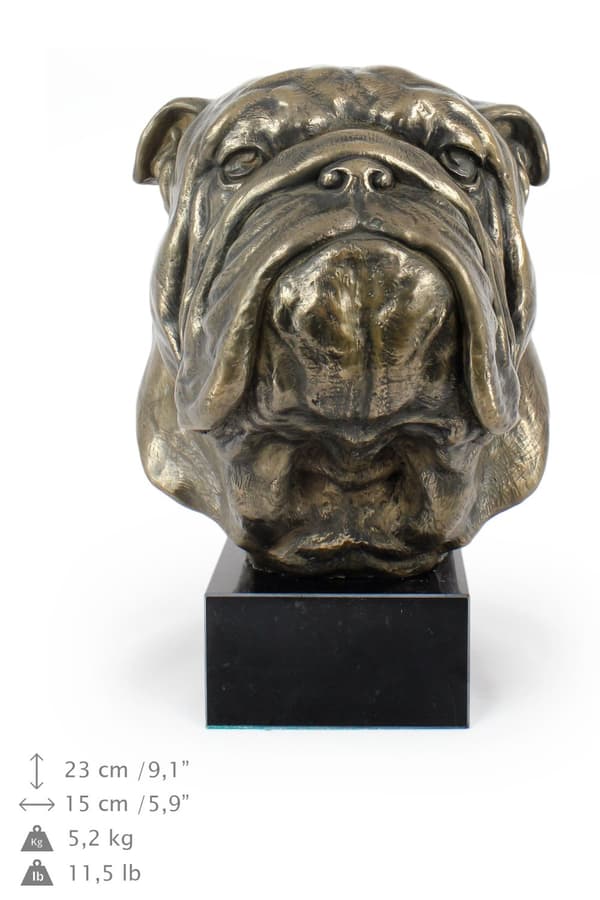 Engelsk Bulldog, Bulldog - hundebuste, stor statuette, hundehoved på stenbund, kontordekoration af Art-Dog