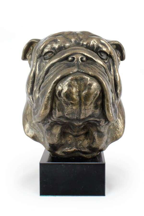 Engelsk Bulldog, Bulldog - hundebuste, stor statuette, hundehoved på stenbund, kontordekoration af Art-Dog