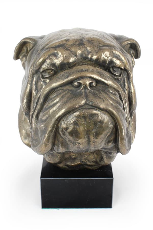 Engelsk Bulldog, Bulldog - hundebuste, stor statuette, hundehoved på stenbund, kontordekoration af Art-Dog