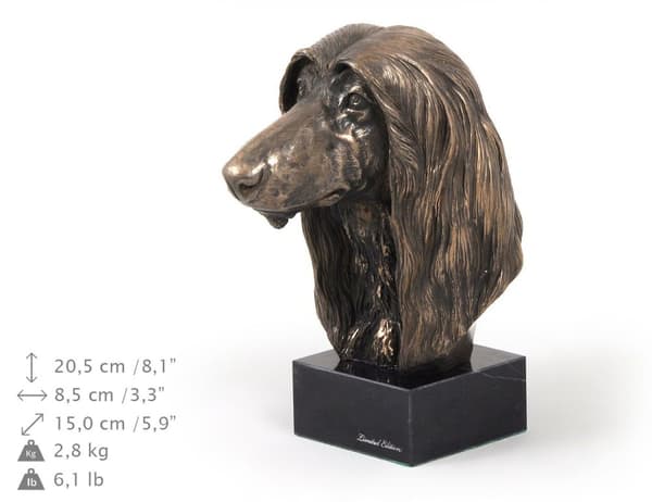 Afganistaninkoira - koirapatsas, rintakuva kivijalustalla, veistos, Art-Dogin koiranäyttelyn pokaali