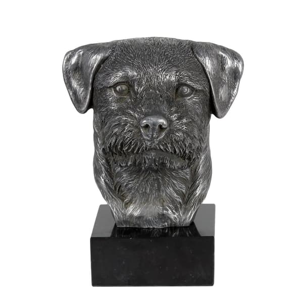 Border Terrier - figur på marmor, beklædt med sølvmetal, håndlavet, Art-Dog mærke