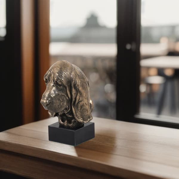 Basset Hound - koirapatsas, rintakuva kivijalustalla, veistos, Art-Dogin koiranäyttelyn pokaali