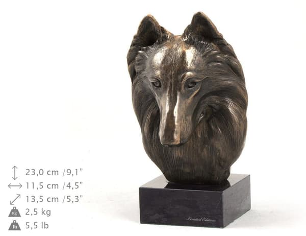 Belgisk hyrdehund, belgisk bjerghund - hundestatuette, buste på en stenbund, skulptur, trofæ til en hundeudstilling af Art-Dog