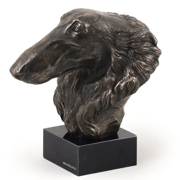 Rysk Borzoi Greyhound, Borzoi, Barzoi - hundstatyett, byst på en stenbas, skulptur, trofé för en hundutställning av Art-Dog