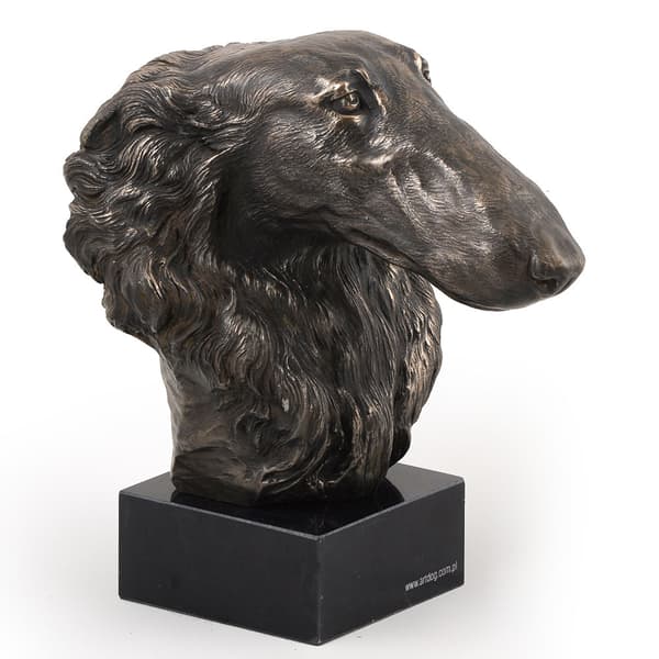 Rysk Borzoi Greyhound, Borzoi, Barzoi - hundstatyett, byst på en stenbas, skulptur, trofé för en hundutställning av Art-Dog