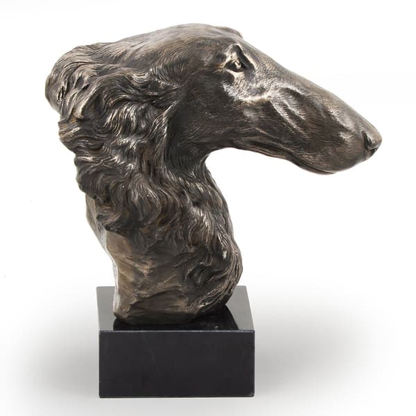Rysk Borzoi Greyhound, Borzoi, Barzoi - hundstatyett, byst på en stenbas, skulptur, trofé för en hundutställning av Art-Dog