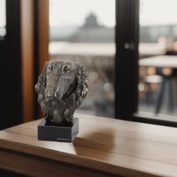 Rysk Borzoi Greyhound, Borzoi, Barzoi - hundstatyett, byst på en stenbas, skulptur, trofé för en hundutställning av Art-Dog