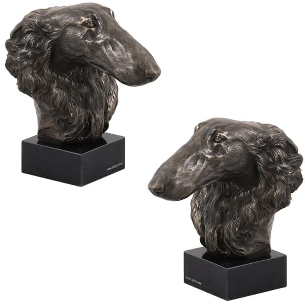 Rysk Borzoi Greyhound, Borzoi, Barzoi - hundstatyett, byst på en stenbas, skulptur, trofé för en hundutställning av Art-Dog
